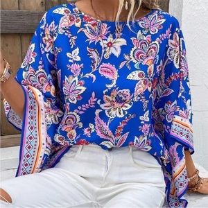 Floral Print Batwing Sleeve Blouse Blue